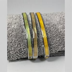 Vintage Mother of Pearl Shell Inlay Bangle Bracelet Set Silver Tone Y2K 3pc